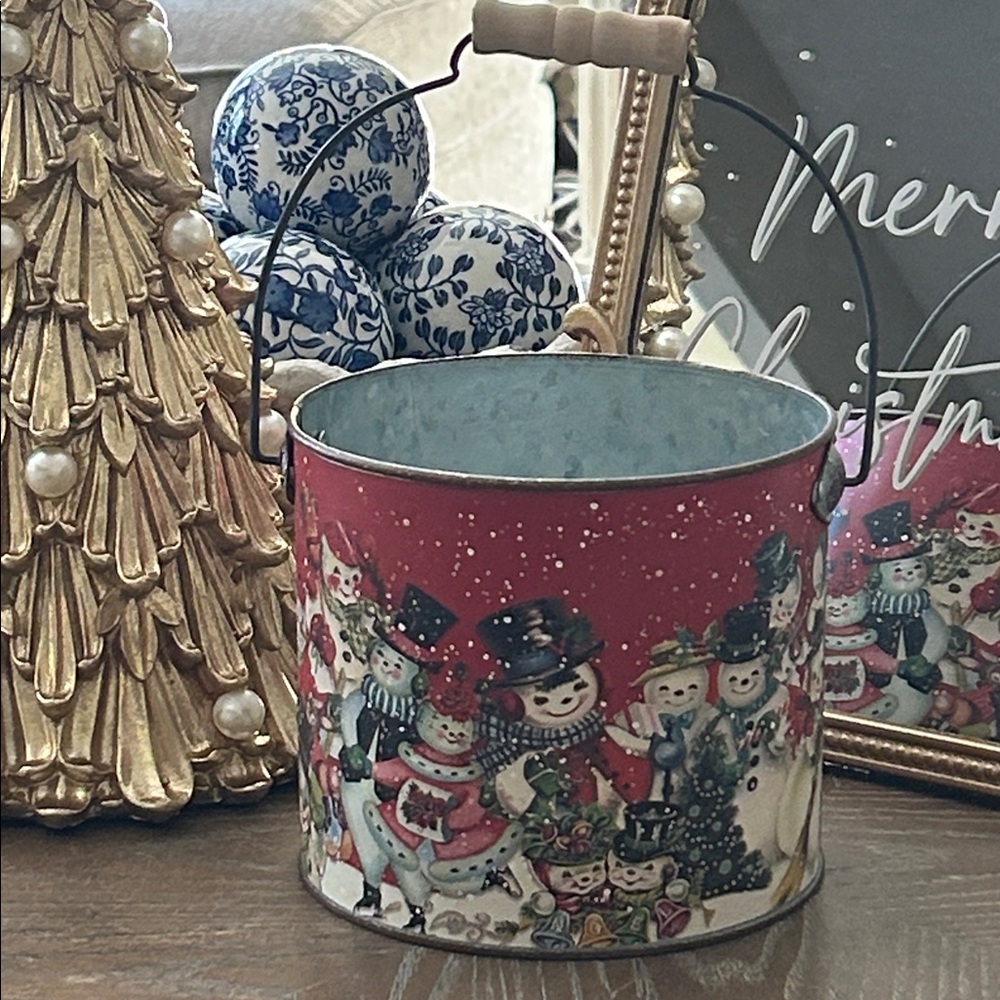 NEW! Vintage Inspired Retro Winter Snowman Metal Christmas Holiday Bucket Basket - Picture 3 of 6